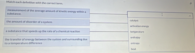 Match each definition with the correct term.
measurement of the average amount of kinetic energy within a 1 ^
substance.
catalyst
the amount of disorder of a system activation energy
a substance that speeds up the rate of a chemical reaction temperature
enthalpy
the transfer of energy between the system and surrounding due
to a temperature difference entropy
heat