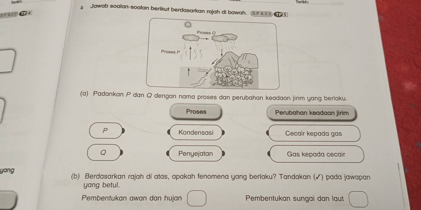 Tanikn: _Tarikh:_
Jawab soalan-soalan berikut berdasarkan rajah di bawah. S. P 8.2.3 TP5
SP822
(a) Padankan P dan Q dengan nama proses dan perubahan keadaan jirim yang berlaku.
Proses Perubahan keadaan jirim
P
Kondensasi Cecair kepada gas
Q Penyejatan Gas kepada cecair
yang
(b) Berdasarkan rajah di atas, apakah fenomena yang berlaku? Tandakan (✓) pada jawapan
yang betul.
Pembentukan awan dan hujan Pembentukan sungai dan laut