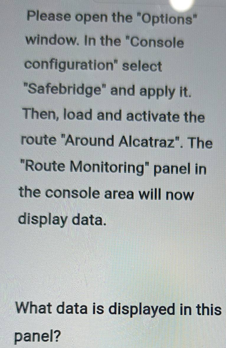 Please open the "Options" 
window. In the "Console 
configuration" select 
"Safebridge" and apply it. 
Then, load and activate the 
route "Around Alcatraz". The 
"Route Monitoring" panel in 
the console area will now 
display data. 
What data is displayed in this 
panel?