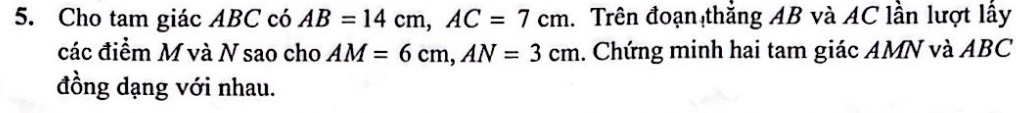 Cho tam giác ABC có AB=14cm, AC=7cm 1. Trên đoạn thắng AB và AC lần lượt lấy 
các điểm M và N sao cho AM=6cm, AN=3cm. Chứng minh hai tam giác AMN và ABC
đồng dạng với nhau.