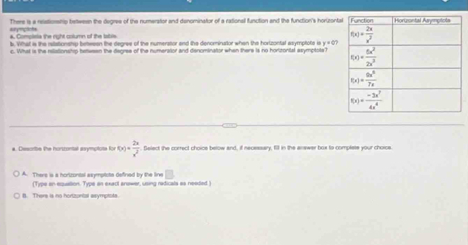 There is a relatiosship between the degres of the numerator and denominator of a rational function and the function's horizont
aurympacts
A. Complelia the right column of the tabls
b. What is the rilationship between the degree of the numerator and the denominator when the hortzontal asymptote is y=0
c. What is the relationship hetween the degree of the numerator and denominator when there is no horizontal asymptote? 
a. Descrite the hortzontal ssymplote for f(x)= 2x/x^2 . Select the correct choice below and, if necessary, fill in the answer box to complete your choice.
A. There is a hortzontal asymptote defired by the line □ .
(Type an essuation. Type an exact answer, using redicals as needed )
B. There is no horizontal asymptote.