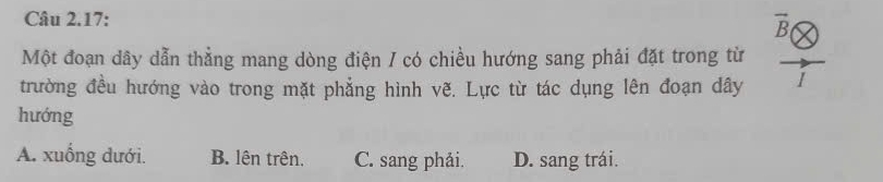 Câu 2.17:
vector B 
Một đoạn dây dẫn thẳng mang dòng điện / có chiều hướng sang phải đặt trong từ
trường đều hướng vào trong mặt phẳng hình vẽ. Lực từ tác dụng lên đoạn dây I
hướng
A. xuống dưới. B. lên trên. C. sang phải. D. sang trái.