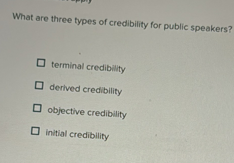Solved: What are three types of credibility for public speakers ...