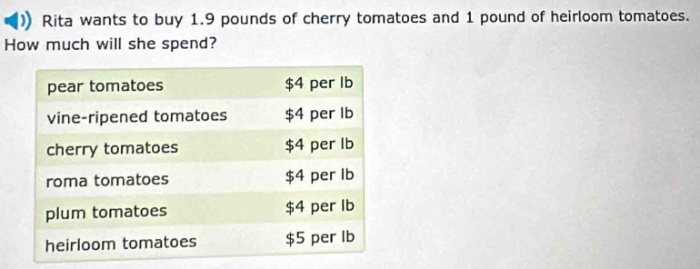 Rita wants to buy 1.9 pounds of cherry tomatoes and 1 pound of heirloom tomatoes. 
How much will she spend?