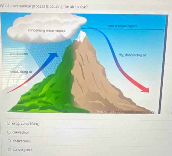 Which mechanical process is causing the air to rise?
orographic lifting
convection
coalescence
convergence