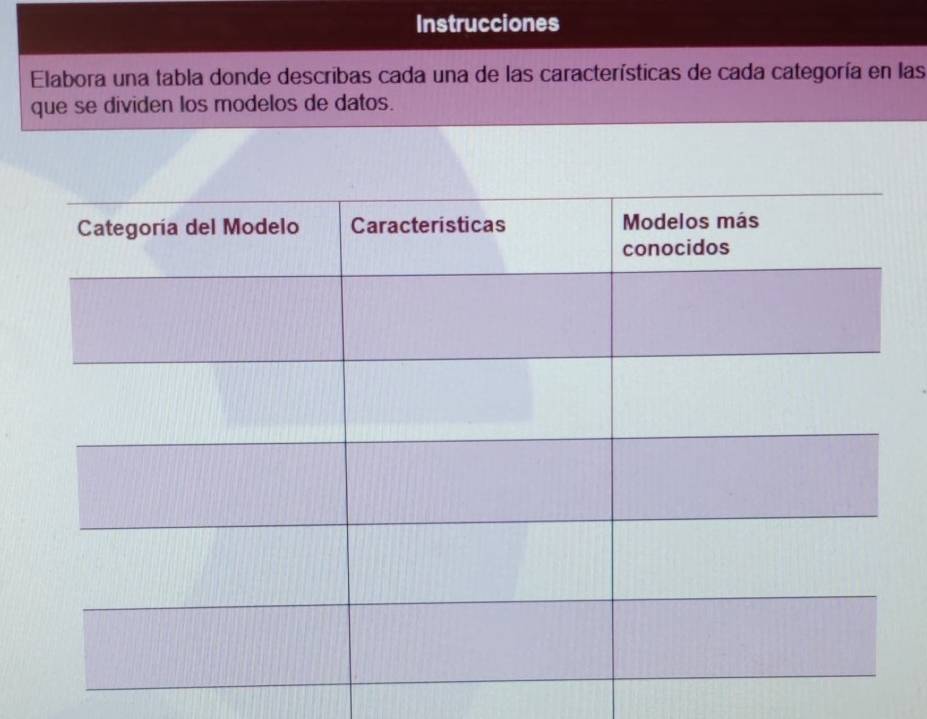 Instrucciones 
Elabora una tabla donde describas cada una de las características de cada categoría en las 
que se dividen los modelos de datos.