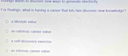 Rodrigo wants to discover new ways to generate electricity.
For Rodrigo, what is having a career that lets him discover new knowledge?
a lifestyle value
an extrinsic career value
a self-discovery exercise
an intrinsic career value