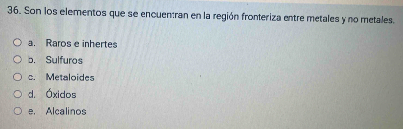 Son los elementos que se encuentran en la región fronteriza entre metales y no metales.
a. Raros e inhertes
b. Sulfuros
c. Metaloides
d. Óxidos
e. Alcalinos