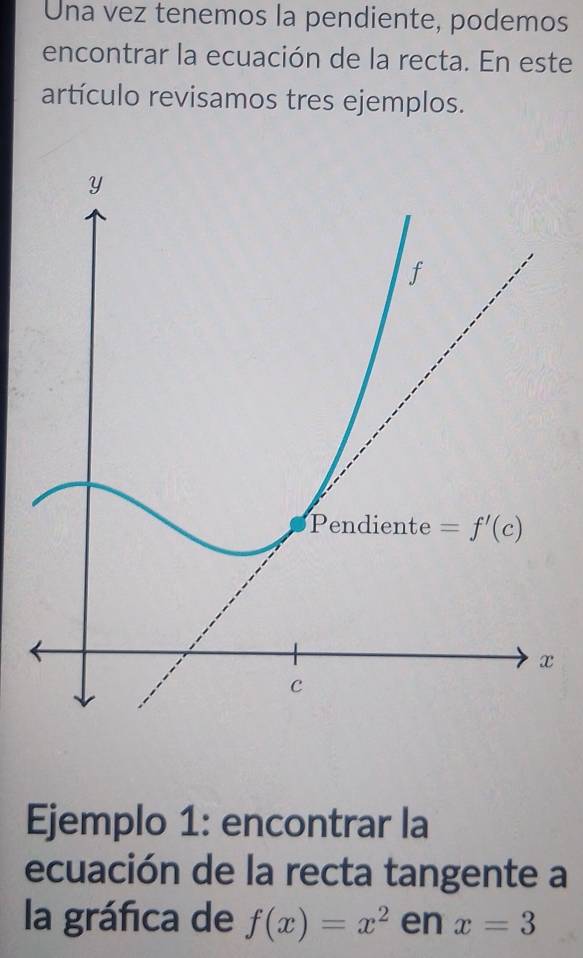 Una vez tenemos la pendiente, podemos
encontrar la ecuación de la recta. En este
artículo revisamos tres ejemplos.
Ejemplo 1: encontrar la
ecuación de la recta tangente a
la gráfica de f(x)=x^2 en x=3