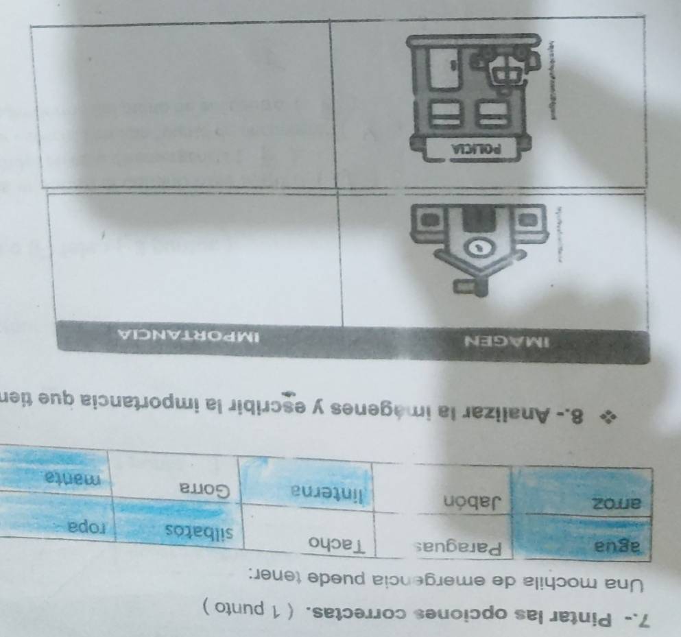 7.- Pintar las opciones correctas. (1 punto ) 
Una mochila de emergencia puede tener: 
8.- Analizar la imágenes y escribir la importancia que tien