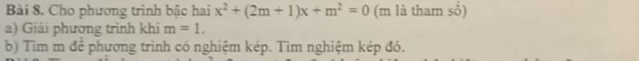 Cho phương trình bậc hai x^2+(2m+1)x+m^2=0 (m là tham số) 
a) Giải phương trình khi m=1. 
b) Tim m để phương trình có nghiệm kép. Tìm nghiệm kép đó.