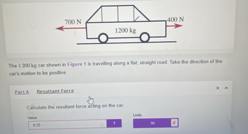 The 1 200 kg car shown in Figure 1 is travelling along a flat, straight road. Take the direction of the 
car's motion to be positive 
Part A Resultant Force 
Calculate the resultant force acting on the car. 
Value Units
0.25 ？
m x