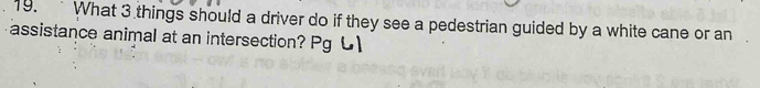 What 3 things should a driver do if they see a pedestrian guided by a white cane or an 
assistance animal at an intersection? Pg