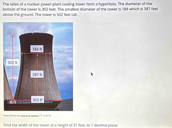 The sides of a nuclear power plant cooling tower form a hyperbola. The diameter of the
bottom of the tower is 302 feet. The smallest diameter of the tower is 184 which is 387 feet
above the ground. The tower is 502 feet tall.
184 ft
502 ft
387 ft
302 ft
Phato reirowes from work by j? Sediečes 73. CC-BY-SA
Find the width of the tower at a height of 31 feet, to 1 decimal place.