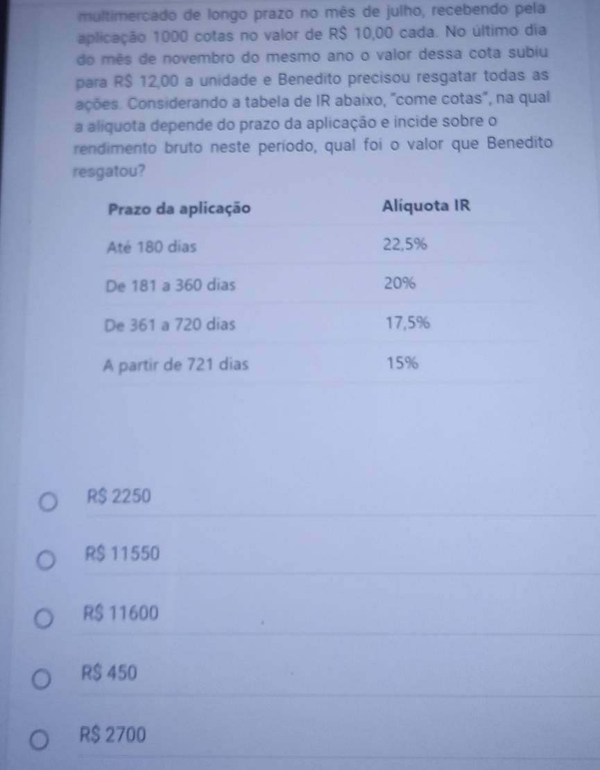 multimercado de longo prazo no mês de julho, recebendo pela
aplicação 1000 cotas no valor de R$ 10,00 cada. No último dia
do mês de novembro do mesmo ano o valor dessa cota subiu
para R$ 12,00 a unidade e Benedito precisou resgatar todas as
ações. Considerando a tabela de IR abaixo, "come cotas", na qual
a alíquota depende do prazo da aplicação e incide sobre o
rendimento bruto neste período, qual foi o valor que Benedito
resgatou?
R$ 2250
R$ 11550
R$ 11600
R$ 450
R$ 2700