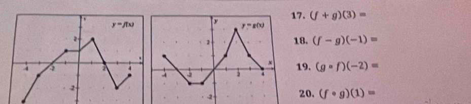 (f+g)(3)=
18. (f-g)(-1)=
19. (gcirc f)(-2)=
20. (fcirc g)(1)=