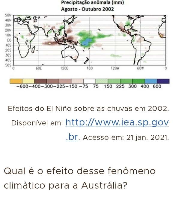 Precipitação anômala (mm) 
Efeitos do El Niño sobre as chuvas em 2002. 
Disponível em: http://www.iea.sp.gov 
.br. Acesso em: 21 jan. 2021. 
Qual é o efeito desse fenômeno 
climático para a Austrália?