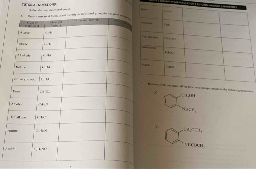 TUTORIAL QUESTIONS:
: ChEMistry MatricUlation | tutori
1. Define the term functional group. 
onal group for t
lecules:
(a) CH_2OH
NHCH_3
(b) CH_2OCH_3
A
NHCOCH_3
21