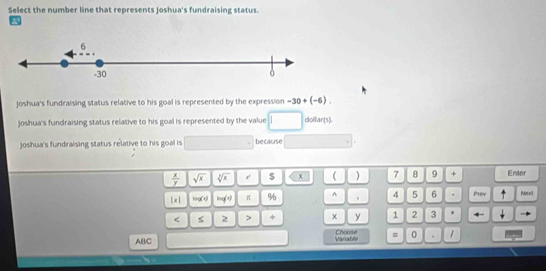 Select the number line that represents Joshua's fundraising status.
Joshua's fundraising status relative to his goal is represented by the expression -30+(-6).
Joshua's fundraising status relative to his goal is represented by the value dollar(s).
Joshua's fundraising status relative to his goal is because
 x/y  sqrt(x) sqrt[3](x) x' $ x ( ) 7 8 9 + Enter
|x| log (x) log (x) π % ^ 4 5 6 Prev ^ Next
< s 2 > + × y 1 2 3 * 4-
ABC Variable Choose = 0 . 1