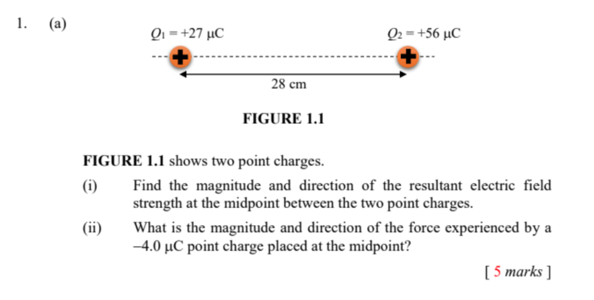 FIGURE 1.1
FIGURE 1.1 shows two point charges.
(i) Find the magnitude and direction of the resultant electric field
strength at the midpoint between the two point charges.
(ii) What is the magnitude and direction of the force experienced by a
-4.0 μC point charge placed at the midpoint?
[ 5 marks ]