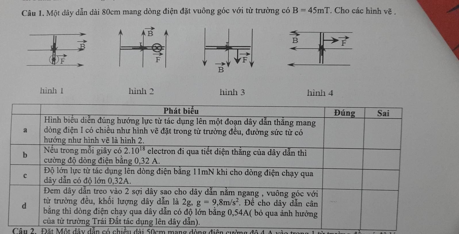 Một dây dẫn dài 80cm mang dòng điện đặt vuông góc với từ trường có B=45mT. Cho các hình vẽ .
hình 1 hình 2 hình 3 hình 4
Câu 2 . Đặt Một dây dẫn có chiều dài 50cm mang dòng điện cường độ 4