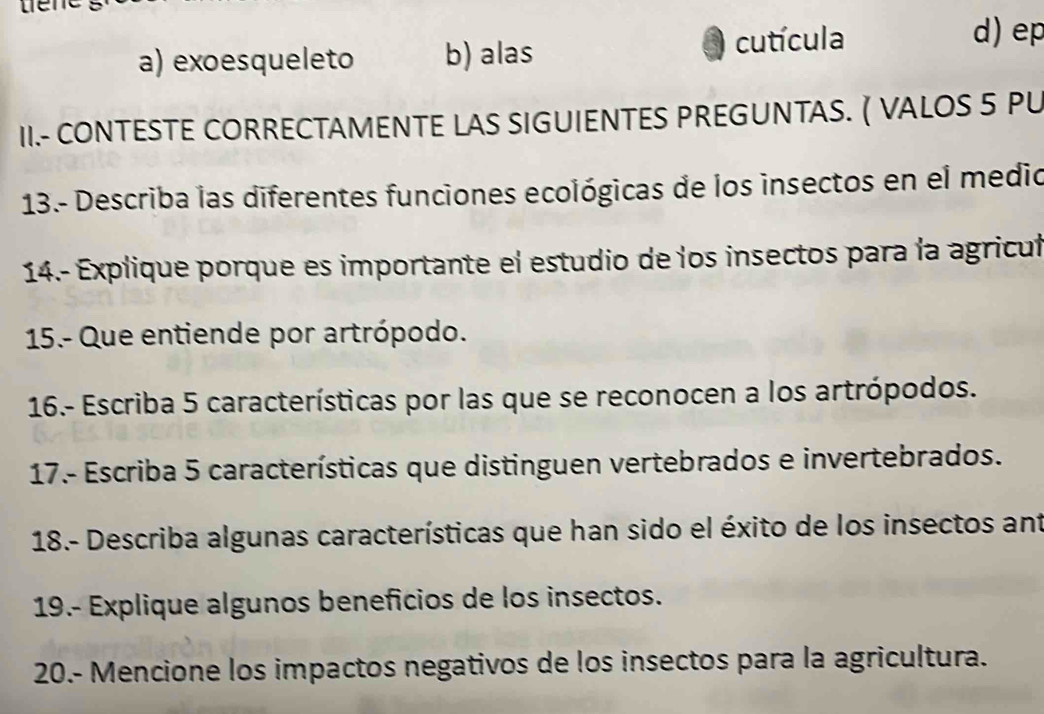 a) exoesqueleto b) alas cutícula
d) ep
II.- CONTESTE CORRECTAMENTE LAS SIGUIENTES PREGUNTAS. ( VALOS 5 PU
13.- Describa las diferentes funciones ecológicas de los insectos en el medio
14.- Explique porque es importante el estudio de los insectos para la agricul
15.- Que entiende por artrópodo.
16.- Escriba 5 características por las que se reconocen a los artrópodos.
17.- Escriba 5 características que distinguen vertebrados e invertebrados.
18.- Describa algunas características que han sido el éxito de los insectos ant
19.- Explique algunos beneficios de los insectos.
20.- Mencione los impactos negativos de los insectos para la agricultura.