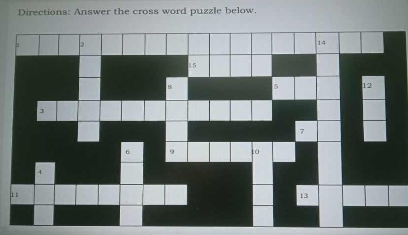 Directions: Answer the cross word puzzle below.