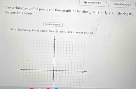 Watch Video Show Examples 
Use technology to find points and then graph the function y=|x-1|+4 , following the . 
instructions below. 
dose påsttiag peints 
Plot ot least five points that fit on the axes below. Click a point to delete it.