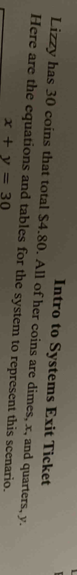 Intro to Systems Exit Ticket 
Lizzy has 30 coins that total $4.80. All of her coins are dimes, x, and quarters, y. 
Here are the equations and tables for the system to represent this scenario.
x+y=30