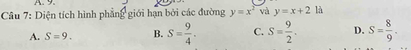 Diện tích hình phẳng giới hạn bởi các đường y=x^2 và y=x+2 là
A. S=9. S= 9/4 . C. S= 9/2 . D. S= 8/9 . 
B.