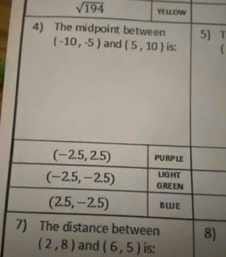 sqrt(194) YELLOW
T
(
)
(2,8) and (6,5) is: