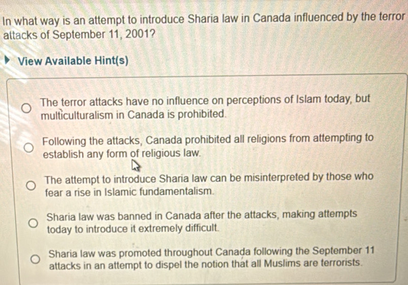 Solved: In what way is an attempt to introduce Sharia law in Canada ...
