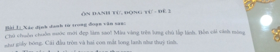 ÔN DANh Từ, động từ - đề 2 
Bài 1: Xác định danh từ trong đoạn văn sau: 
Chú chuồn chuồn nước mới đẹp làm sao! Màu vàng trên lưng chú lắp lánh. Bốn cái cánh mông 
như giấy bóng. Cái đầu tròn và hai con mắt long lanh như thuỷ tinh