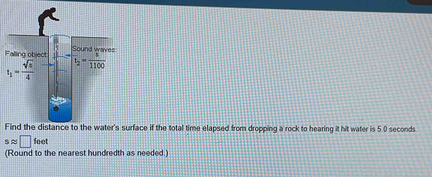 Fface if the total time elapsed from dropping a rock to hearing it hit water is 5.0 seconds.
sapprox □ feet
(Round to the nearest hundredth as needed.)