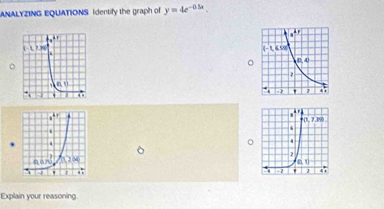 ANALYZING EQUATIONS Identify the graph of y=4e^(-0.5x).
Explain your reasoning.