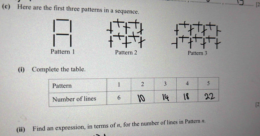 「2 
(c) Here are the first three patterns in a sequence. 
Pattern 1 
(i) Complete the table. 
[2 
(ii) Find an expression, in terms of n, for the number of lines in Pattern π.