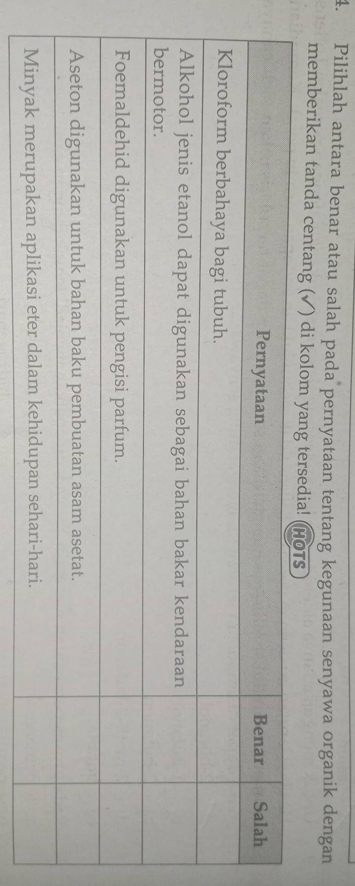 Pilihlah antara benar atau salah pada pernyataan tentang kegunaan senyawa organik dengan 
memberikan tanda centang (✓) di ko