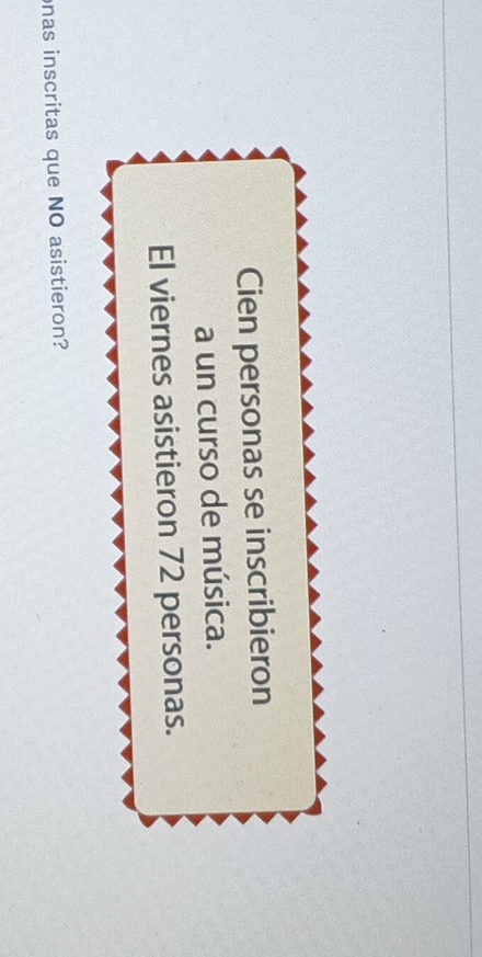 Cien personas se inscribieron 
a un curso de música. 
El viernes asistieron 72 personas. 
nas inscritas que NO asistieron?