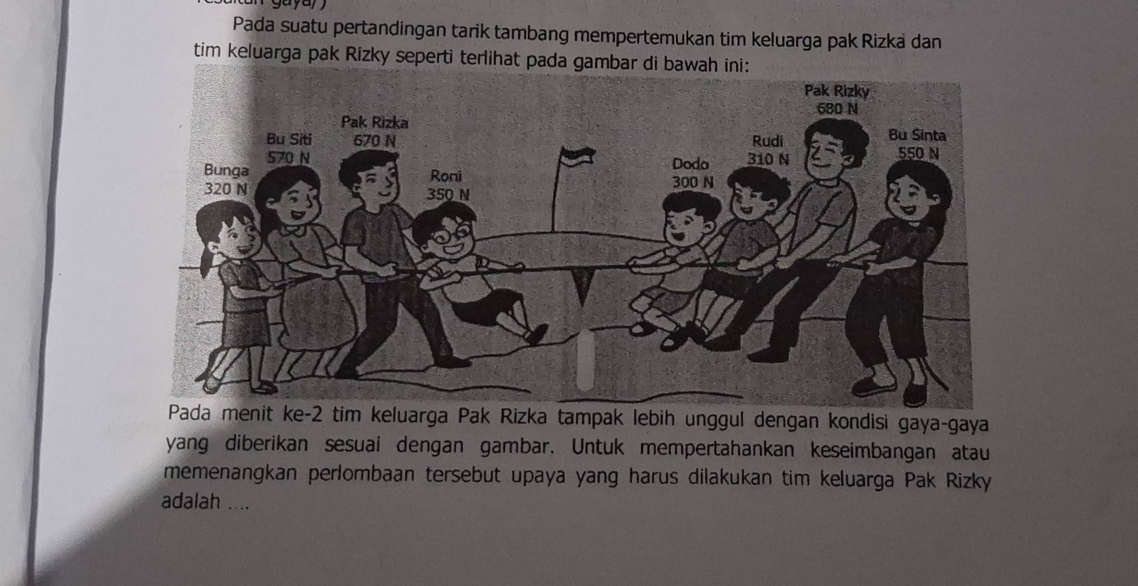 gayan 
Pada suatu pertandingan tarik tambang mempertemukan tim keluarga pak Rizka dan 
tim keluarga pak Rizky seperti terlihat pada gambar di ba 
Pada menit ke -2 tim keluarga Pak Rizka tampak lebih unggul dengan kondisi gaya-gaya 
yang diberikan sesuai dengan gambar. Untuk mempertahankan keseimbangan atau 
memenangkan perlombaan tersebut upaya yang harus dilakukan tim keluarga Pak Rizky 
adalah ....