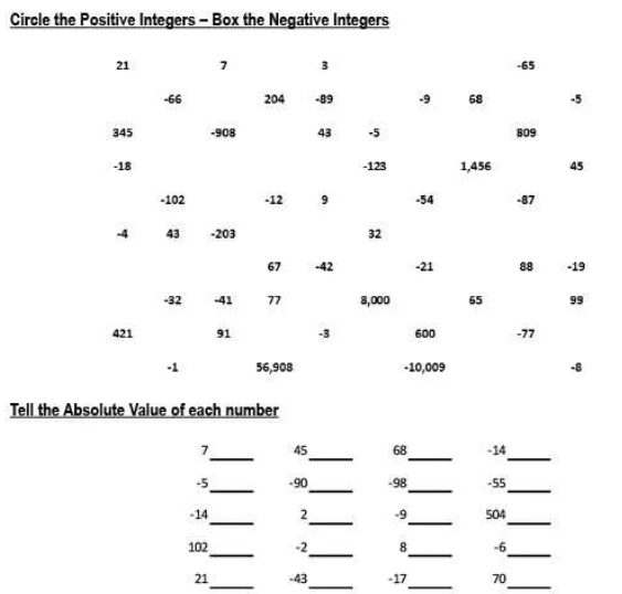 Circle the Positive Integers - Box the Negative Integers 
Tell the Absolute Value of each number 
_ 
_ 
_ 
_
7 45 68 -14
_ 
_ 
_
-5 -90 -98 -55
_ 
_ 
_ 
_ 
_
-14 2 -9 504
_ 
_ 
_ 
_
102 -2 8 -6
_ 
_ 
_ 
_
21 -43 -17 70