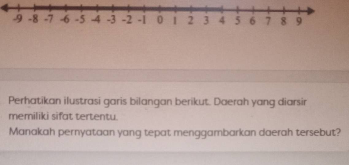 Perhatikan ilustrasi garis bilangan berikut. Daerah yang diarsir 
memiliki sifat tertentu. 
Manakah pernyataan yang tepat menggambarkan daerah tersebut?