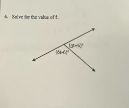 Solve for the value of t
(3t+6)^circ 
(6t-6)^circ 