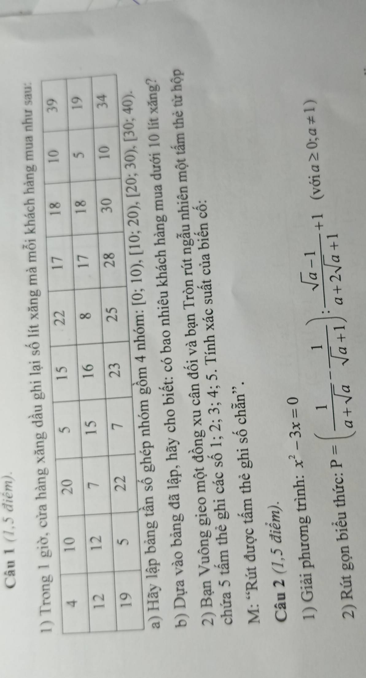 (1,5 điêm).
ghi lại số lít xăng mà mỗi khách hàng mua như sau:
a) Hãy lập bảng tần số ghép
b) Dựa vào bảng đã lập, hãy cho biết: có bao nhiêu khách hàng mua dưới 10 lít xăng?
2) Bạn Vuông gieo một đồng xu cân đối và bạn Tròn rút ngẫu nhiên một tấm thẻ từ hộp
chứa 5 tấm thẻ ghi các số 1; 2; 3; 4; 5. Tính xác suất của biến cố:
M: “Rút được tấm thẻ ghi số chẵn”.
Câu 2 (1,5 điểm).
1) Giải phương trình: x^2-3x=0
2) Rút gọn biểu thức: P=( 1/a+sqrt(a) - 1/sqrt(a)+1 ): (sqrt(a)-1)/a+2sqrt(a)+1 +1 (với a≥ 0;a!= 1)