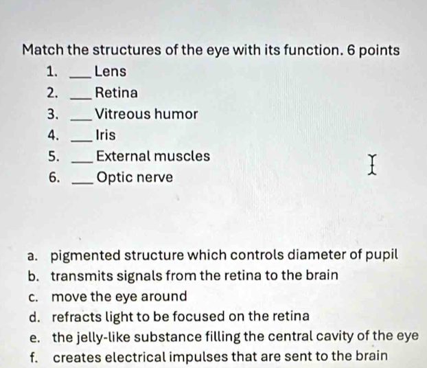 Match the structures of the eye with its function. 6 points 
1. _Lens 
2. _Retina 
3. _Vitreous humor 
4. _Iris 
5. _External muscles 
6. _Optic nerve 
a. pigmented structure which controls diameter of pupil 
b. transmits signals from the retina to the brain 
c. move the eye around 
d. refracts light to be focused on the retina 
e. the jelly-like substance filling the central cavity of the eye 
f. creates electrical impulses that are sent to the brain