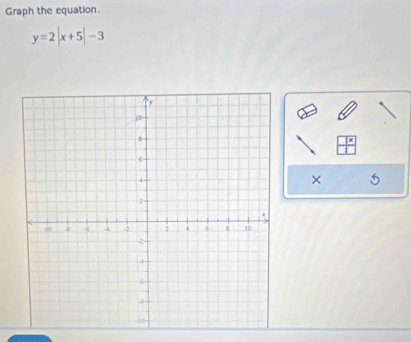 Graph the equation.
y=2|x+5|-3
×