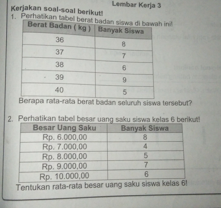 Lembar Kerja 3 
Kerjakan soal-soal berikut! 
1. Perhatikan ini! 
erat badan seluruh siswa tersebut? 
2. Perhatikan tabel besar uang saku siswa kelas 6 berikut! 
Tentukan rata-rata besar uang