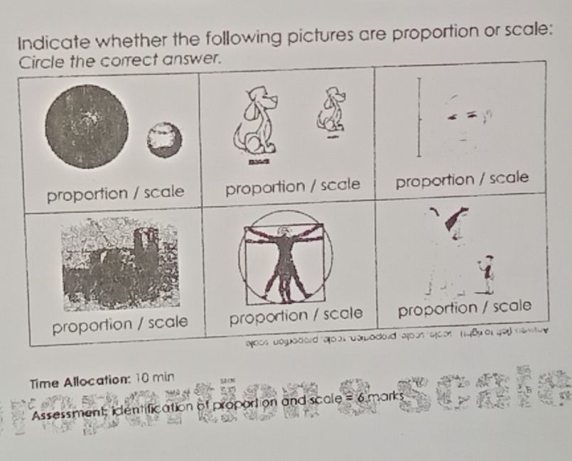 Indicate whether the following pictures are proportion or scale:
Time Allocation: 10 min
Assessment: identification of proportion and scale = 6 marks