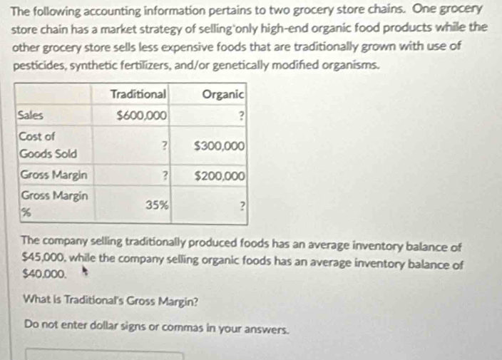 The following accounting information pertains to two grocery store chains. One grocery 
store chain has a market strategy of selling only high-end organic food products while the 
other grocery store sells less expensive foods that are traditionally grown with use of 
pesticides, synthetic fertilizers, and/or genetically modified organisms. 
The company selling traditionally produced foods has an average inventory balance of
$45,000, while the company selling organic foods has an average inventory balance of
$40,000. 
What is Traditional's Gross Margin? 
Do not enter dollar signs or commas in your answers.