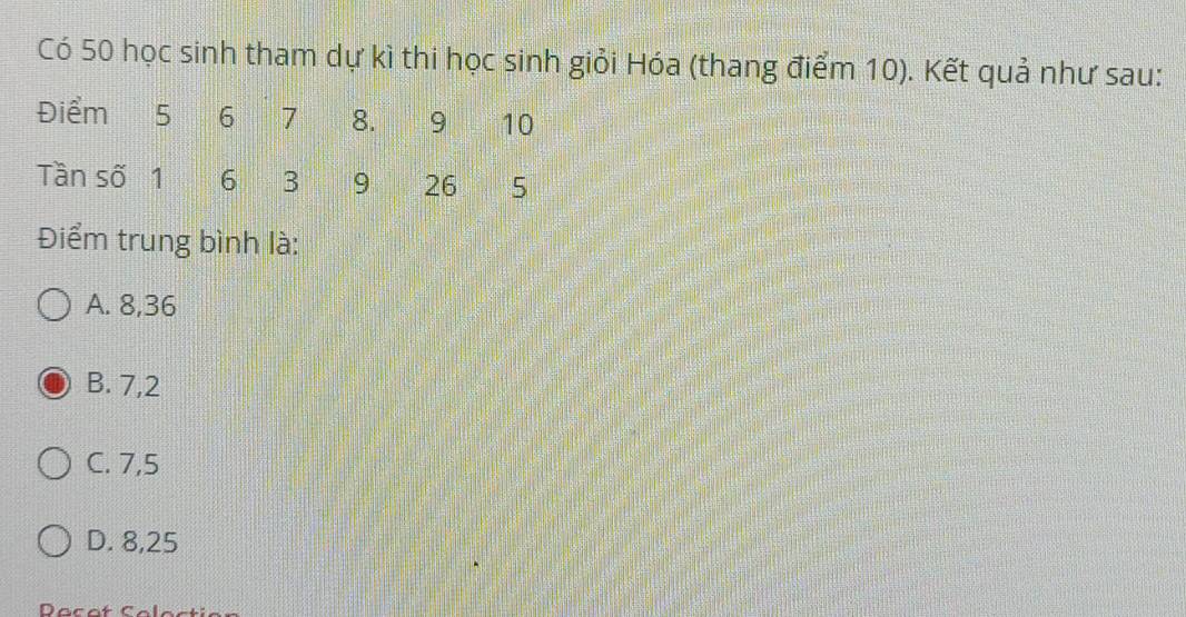 Có 50 học sinh tham dự kì thi học sinh giỏi Hóa (thang điểm 10). Kết quả như sau:
Điểm trung bình là:
A. 8, 36
B. 7, 2
C. 7, 5
D. 8, 25