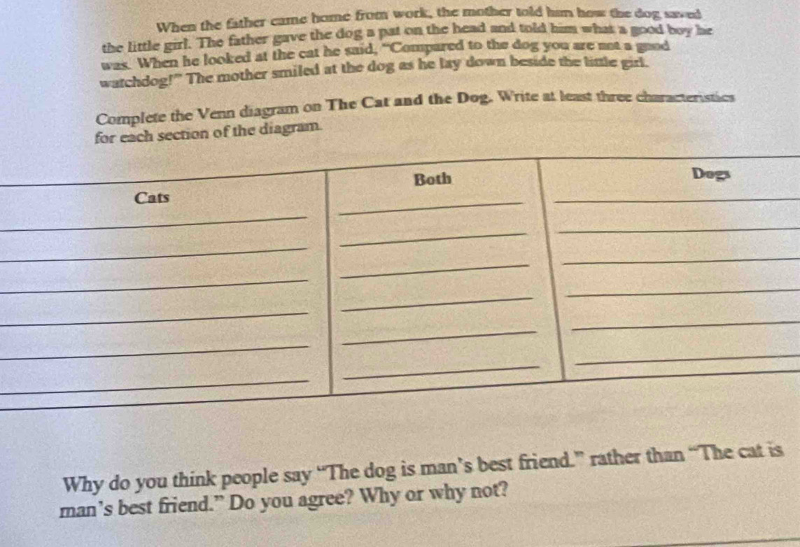 When the father came home from work, the mother told him how the dog saved 
the little girl. The father gave the dog a pat on the head and told him what a good boy he 
was. When he looked at the cat he said, “Compared to the dog you are not a good 
watchdog!" The mother smiled at the dog as he lay down beside the little girl. 
Complete the Venn diagram on The Cat and the Dog. Write at least three characteristics 
for each section of the diagram. 
Why do you think people say “The dog is man’s best friend.” rather than “The cat is 
man’s best friend.” Do you agree? Why or why not?